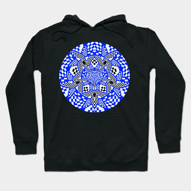 Blue Black and White Checkered Circular Mandala Hoodie by SeaChangeDesign